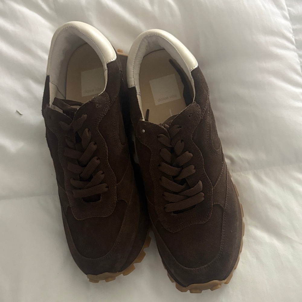 Dolce Vita Brown Suede Sneakers with Cream Collar